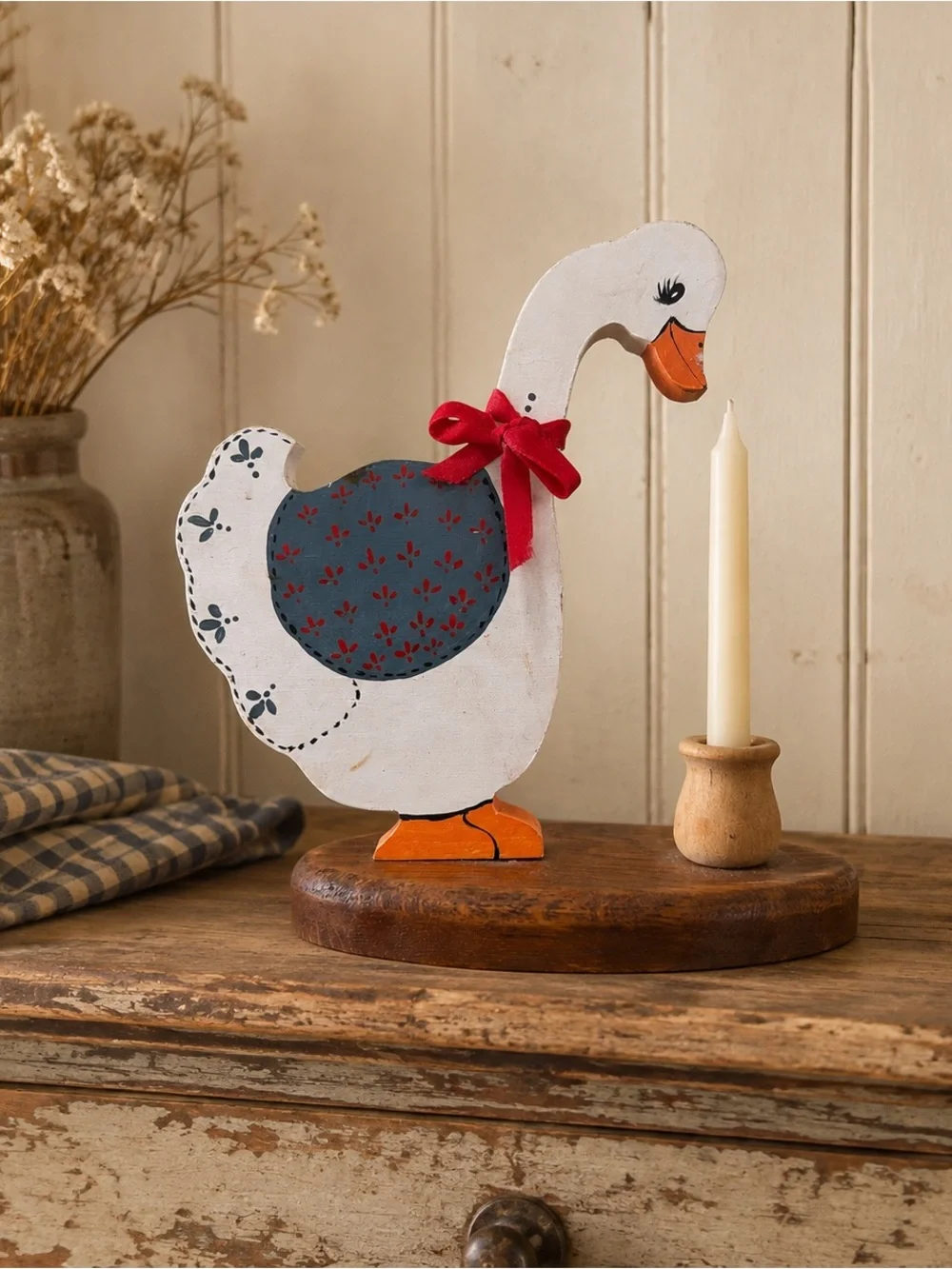 Vintage Giftco Wooden Goose Candle Holder Hand Painted Folk Art Farmhouse Decor